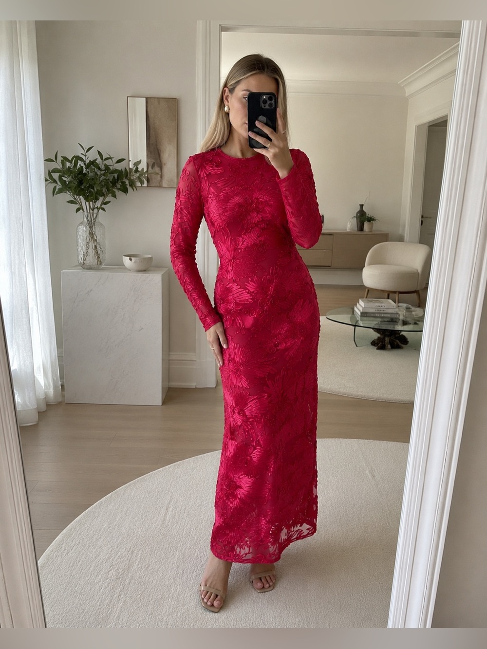 YAS Yasfloree Persian Red Floral Appliqué Long Sleeve Maxi Dress S NWT